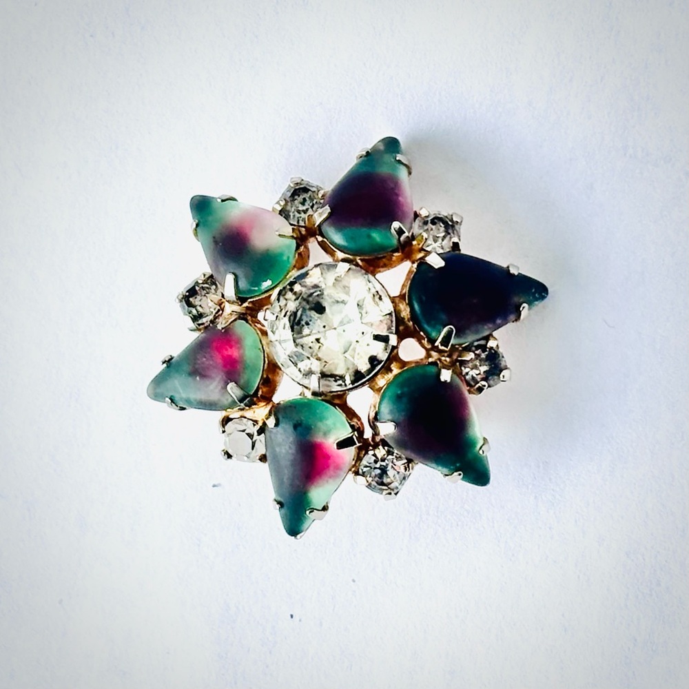 Vintage Watermelon Starburst Rhinestone Teardrop Brooch